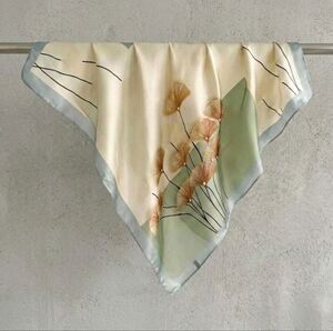 NWT Sage Cream Ginkgo Leaf Silk-Feel Square Scarf Neck Scarf Headscarf 27.5"